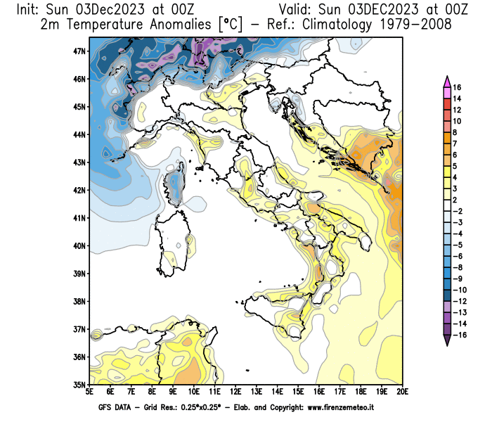 Mappa di analisi GFS - Anomalia Temperatura a 2 m in Italia
							del 3 dicembre 2023 z00