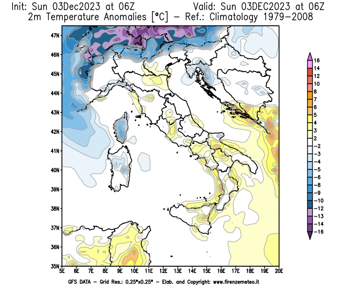 Mappa di analisi GFS - Anomalia Temperatura a 2 m in Italia
							del 3 dicembre 2023 z06