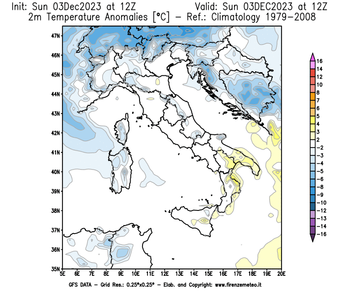 Mappa di analisi GFS - Anomalia Temperatura a 2 m in Italia
							del 3 dicembre 2023 z12