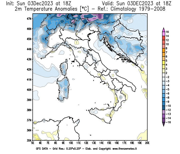 Mappa di analisi GFS - Anomalia Temperatura a 2 m in Italia
							del 3 dicembre 2023 z18