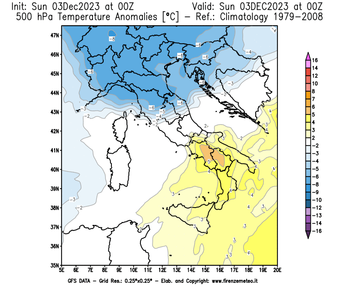 Mappa di analisi GFS - Anomalia Temperatura a 500 hPa in Italia
							del 3 dicembre 2023 z00