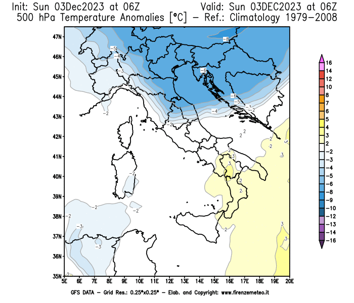 Mappa di analisi GFS - Anomalia Temperatura a 500 hPa in Italia
							del 3 dicembre 2023 z06