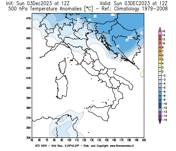 Mappa di analisi GFS - Anomalia Temperatura a 500 hPa in Italia
							del 3 dicembre 2023 z12