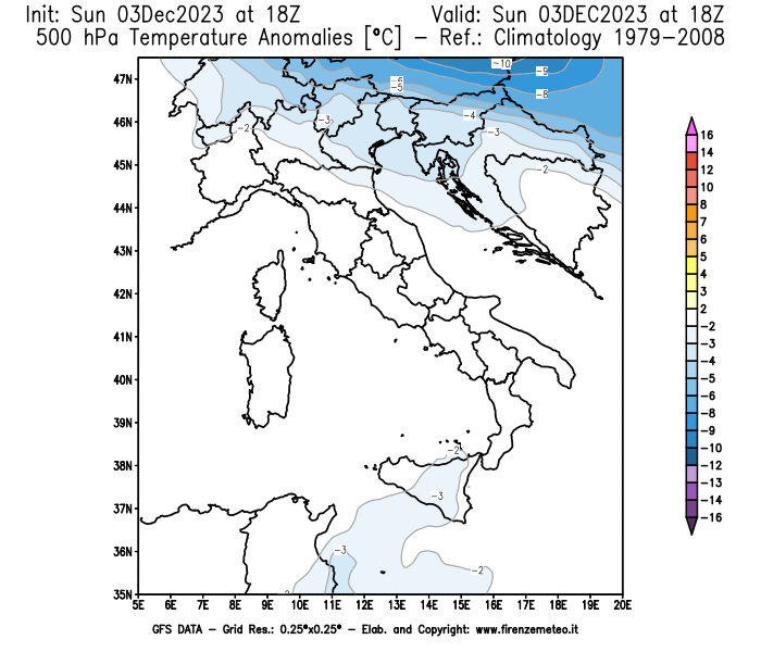 Mappa di analisi GFS - Anomalia Temperatura a 500 hPa in Italia
							del 3 dicembre 2023 z18