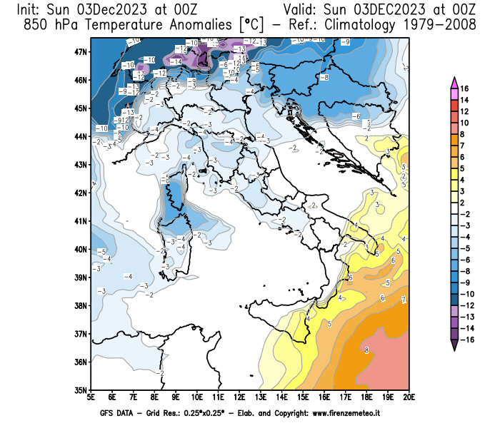 Mappa di analisi GFS - Anomalia Temperatura a 850 hPa in Italia
							del 3 dicembre 2023 z00