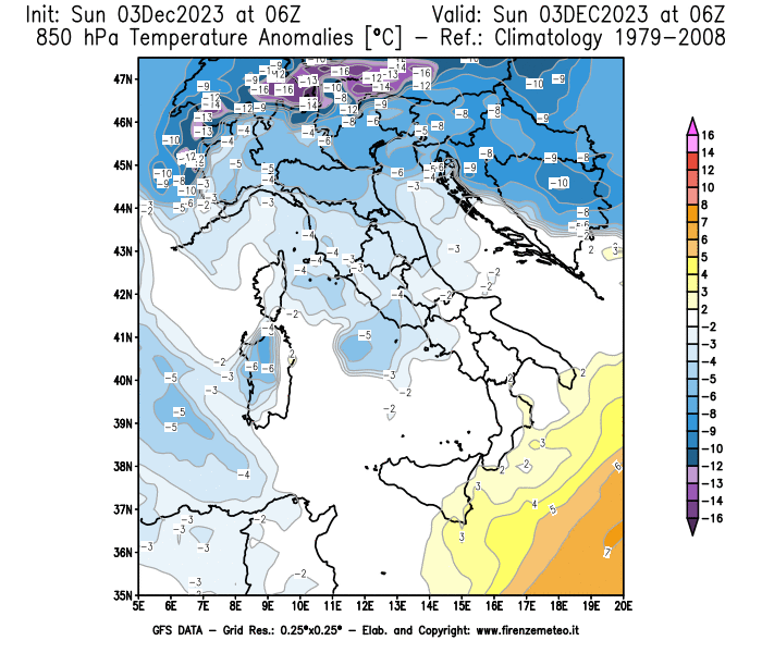 Mappa di analisi GFS - Anomalia Temperatura a 850 hPa in Italia
							del 3 dicembre 2023 z06
