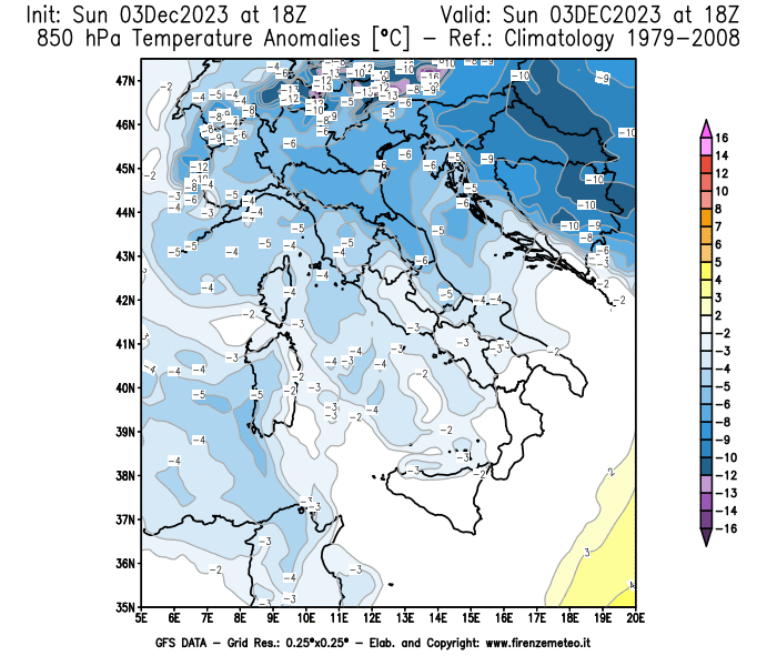 Mappa di analisi GFS - Anomalia Temperatura a 850 hPa in Italia
							del 3 dicembre 2023 z18