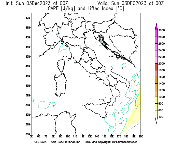 Mappa di analisi GFS - CAPE e Lifted Index in Italia
							del 3 dicembre 2023 z00