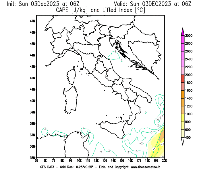 Mappa di analisi GFS - CAPE e Lifted Index in Italia
							del 3 dicembre 2023 z06