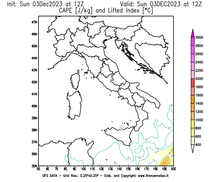 Mappa di analisi GFS - CAPE e Lifted Index in Italia
							del 3 dicembre 2023 z12