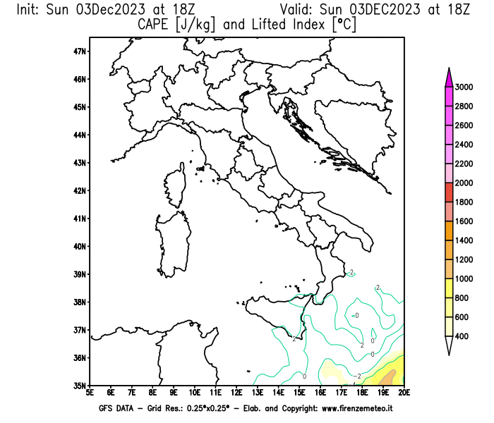 GFS analysi map - CAPE and Lifted Index in Italy
									on December 3, 2023 H18