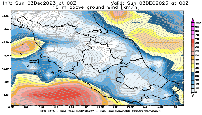 Mappa di analisi GFS - Velocità del vento a 10 metri dal suolo in Centro-Italia
							del 3 dicembre 2023 z00