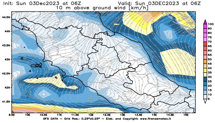 Mappa di analisi GFS - Velocità del vento a 10 metri dal suolo in Centro-Italia
							del 3 dicembre 2023 z06