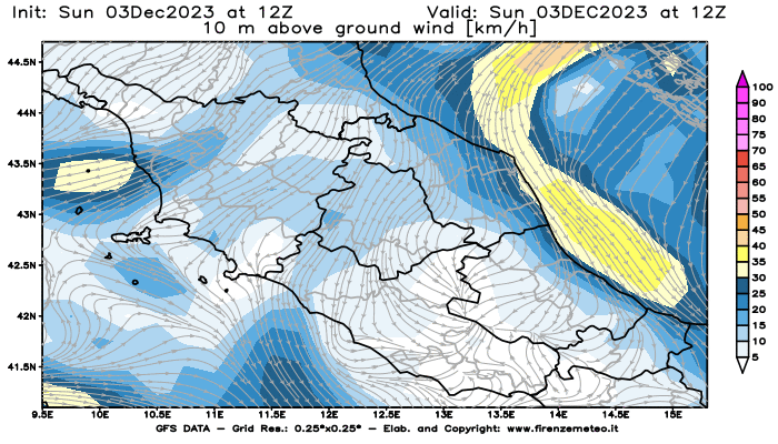 Mappa di analisi GFS - Velocità del vento a 10 metri dal suolo in Centro-Italia
							del 3 dicembre 2023 z12