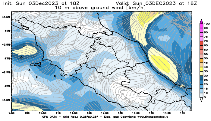 Mappa di analisi GFS - Velocità del vento a 10 metri dal suolo in Centro-Italia
							del 3 dicembre 2023 z18