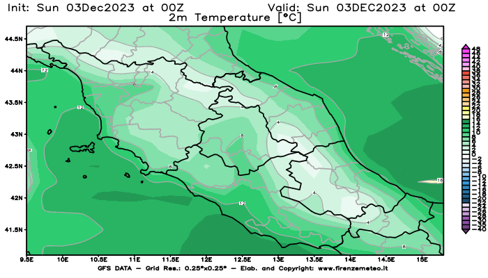 GFS analysi map - Temperature at 2 m above ground in Central Italy
									on December 3, 2023 H00