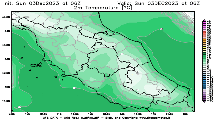 GFS analysi map - Temperature at 2 m above ground in Central Italy
									on December 3, 2023 H06