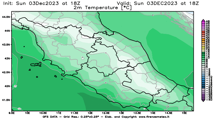 GFS analysi map - Temperature at 2 m above ground in Central Italy
									on December 3, 2023 H18