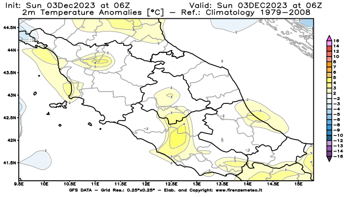 Mappa di analisi GFS - Anomalia Temperatura a 2 m in Centro-Italia
							del 3 dicembre 2023 z06