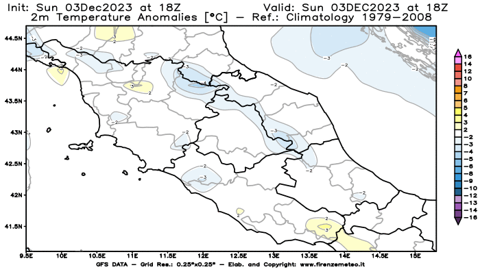 Mappa di analisi GFS - Anomalia Temperatura a 2 m in Centro-Italia
							del 3 dicembre 2023 z18