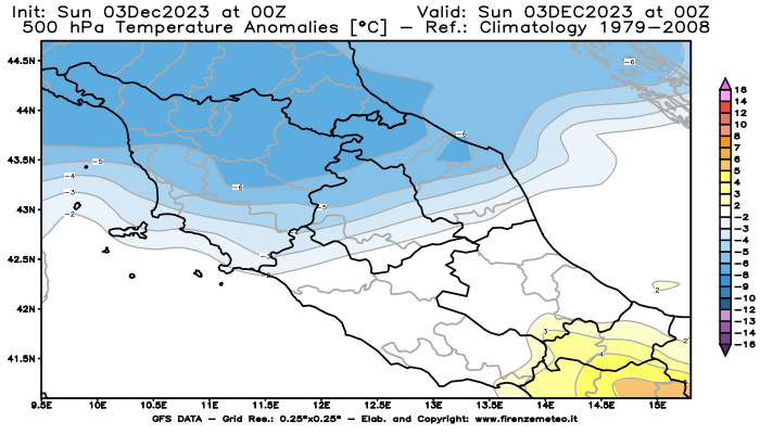 GFS analysi map - Temperature Anomalies at 500 hPa in Central Italy
									on December 3, 2023 H00
