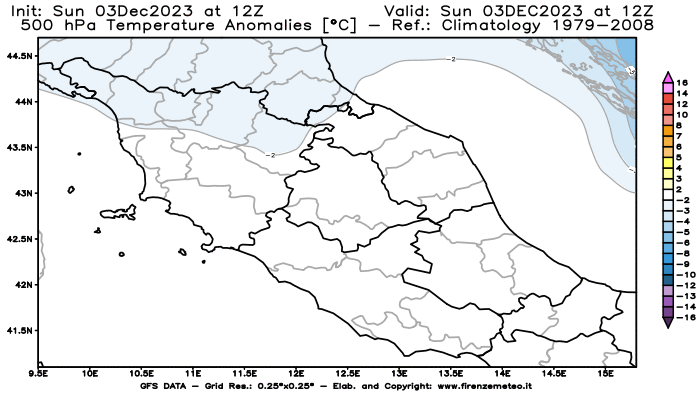 Mappa di analisi GFS - Anomalia Temperatura a 500 hPa in Centro-Italia
							del 3 dicembre 2023 z12
