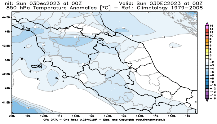 Mappa di analisi GFS - Anomalia Temperatura a 850 hPa in Centro-Italia
							del 3 dicembre 2023 z00