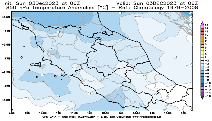 Mappa di analisi GFS - Anomalia Temperatura a 850 hPa in Centro-Italia
							del 3 dicembre 2023 z06