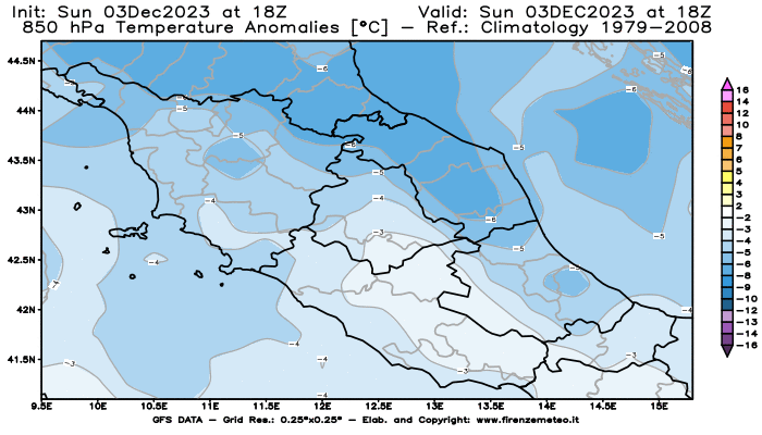 GFS analysi map - Temperature Anomalies at 850 hPa in Central Italy
									on December 3, 2023 H18