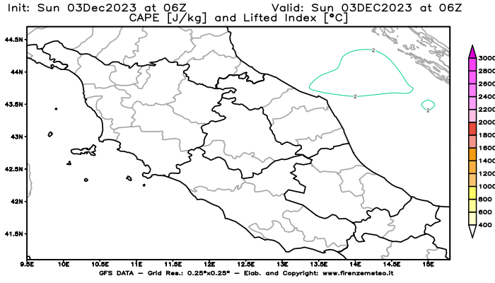 GFS analysi map - CAPE and Lifted Index in Central Italy
									on December 3, 2023 H06