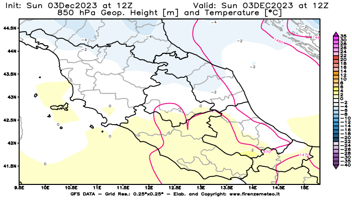 GFS analysi map - Geopotential and Temperature at 850 hPa in Central Italy
									on December 3, 2023 H12