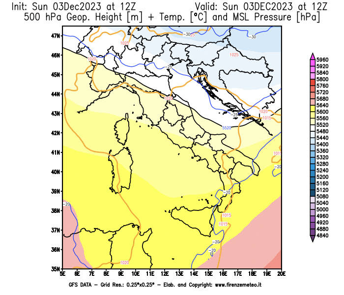 GFS analysi map - Geopotential + Temp. at 500 hPa + Sea Level Pressure in Italy
									on December 3, 2023 H12