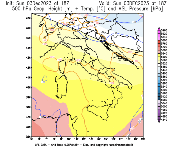 GFS analysi map - Geopotential + Temp. at 500 hPa + Sea Level Pressure in Italy
									on December 3, 2023 H18