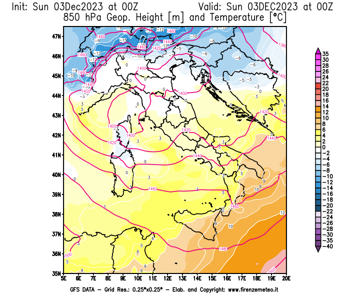 Mappa di analisi GFS - Geopotenziale e Temperatura a 850 hPa in Italia
							del 3 dicembre 2023 z00