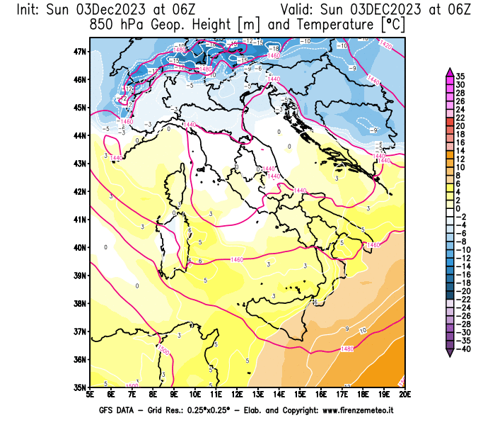 Mappa di analisi GFS - Geopotenziale e Temperatura a 850 hPa in Italia
							del 3 dicembre 2023 z06