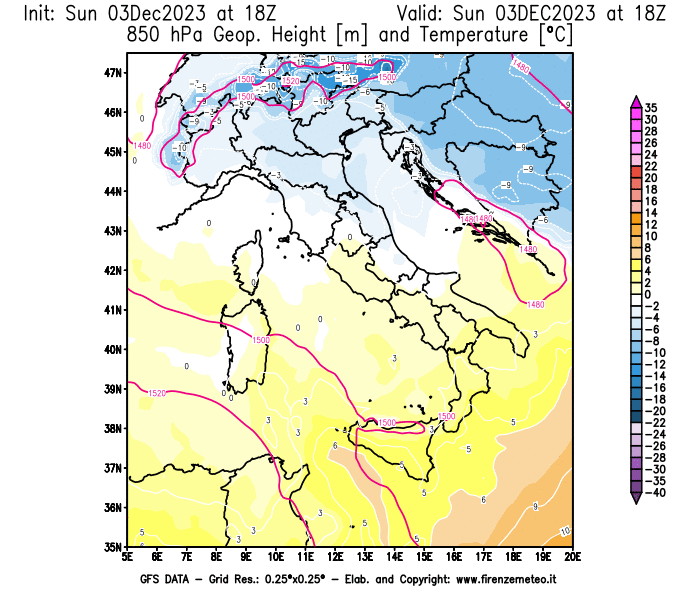 Mappa di analisi GFS - Geopotenziale e Temperatura a 850 hPa in Italia
							del 3 dicembre 2023 z18
