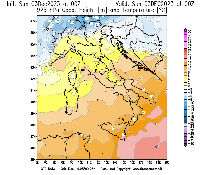 GFS analysi map - Geopotential and Temperature at 925 hPa in Italy
									on December 3, 2023 H00