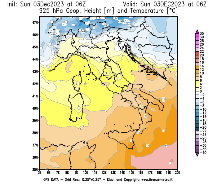 Mappa di analisi GFS - Geopotenziale e Temperatura a 925 hPa in Italia
							del 3 dicembre 2023 z06