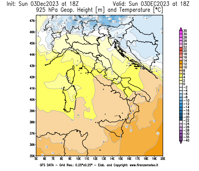 GFS analysi map - Geopotential and Temperature at 925 hPa in Italy
									on December 3, 2023 H18