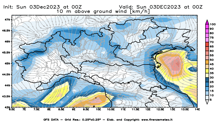 Mappa di analisi GFS - Velocità del vento a 10 metri dal suolo in Nord-Italia
							del 3 dicembre 2023 z00