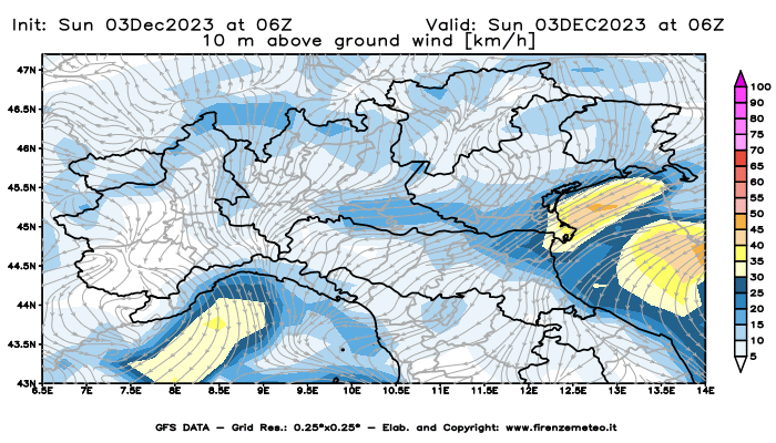 Mappa di analisi GFS - Velocità del vento a 10 metri dal suolo in Nord-Italia
							del 3 dicembre 2023 z06