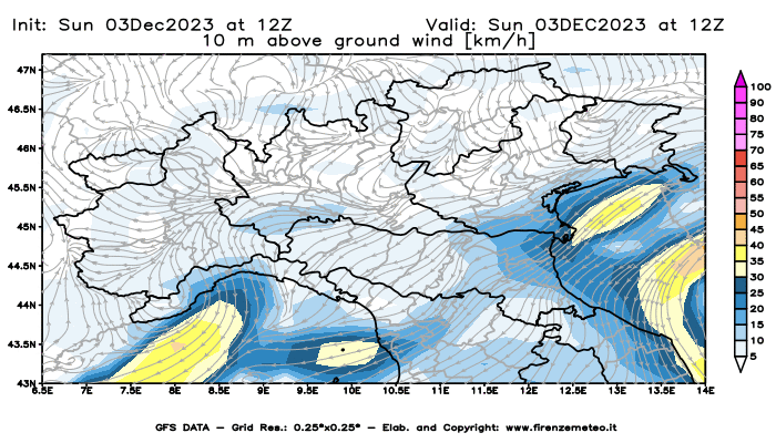 Mappa di analisi GFS - Velocità del vento a 10 metri dal suolo in Nord-Italia
							del 3 dicembre 2023 z12