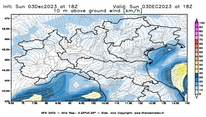 Mappa di analisi GFS - Velocità del vento a 10 metri dal suolo in Nord-Italia
							del 3 dicembre 2023 z18