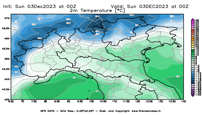 GFS analysi map - Temperature at 2 m above ground in Northern Italy
									on December 3, 2023 H00