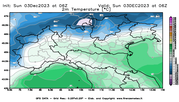 GFS analysi map - Temperature at 2 m above ground in Northern Italy
									on December 3, 2023 H06