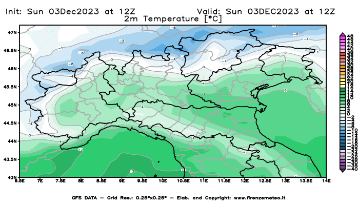 Mappa di analisi GFS - Temperatura a 2 metri dal suolo in Nord-Italia
							del 3 dicembre 2023 z12