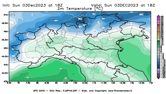 GFS analysi map - Temperature at 2 m above ground in Northern Italy
									on December 3, 2023 H18