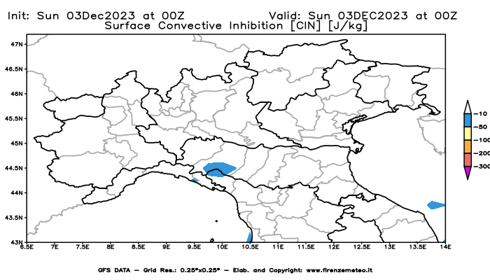Mappa di analisi GFS - CIN in Nord-Italia
							del 3 dicembre 2023 z00