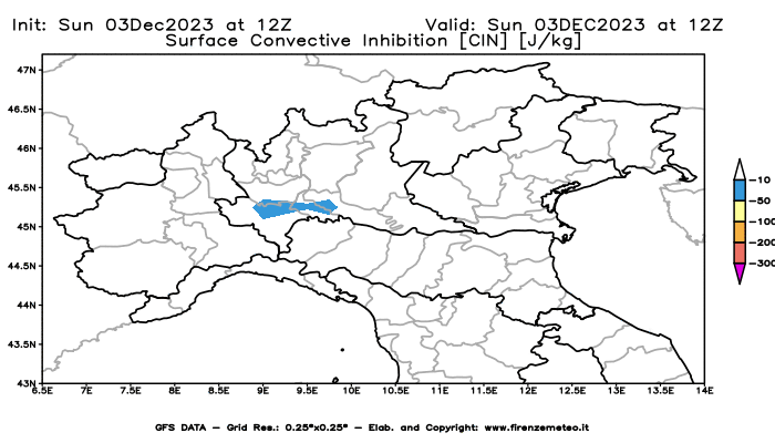 GFS analysi map - CIN in Northern Italy
									on December 3, 2023 H12