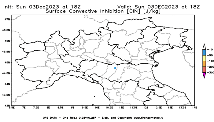 GFS analysi map - CIN in Northern Italy
									on December 3, 2023 H18